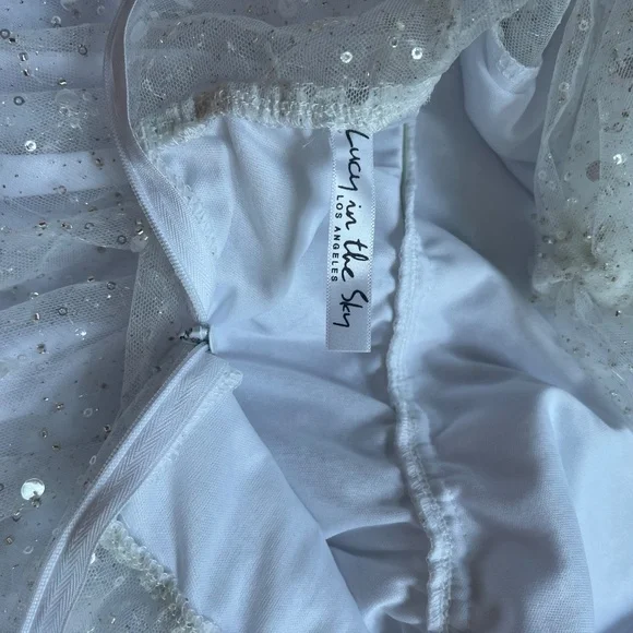 Lucy in the Sky White w Sequin Overlay Mini Dress | Size M | Sparkly Party Dress - Picture 4 of 10